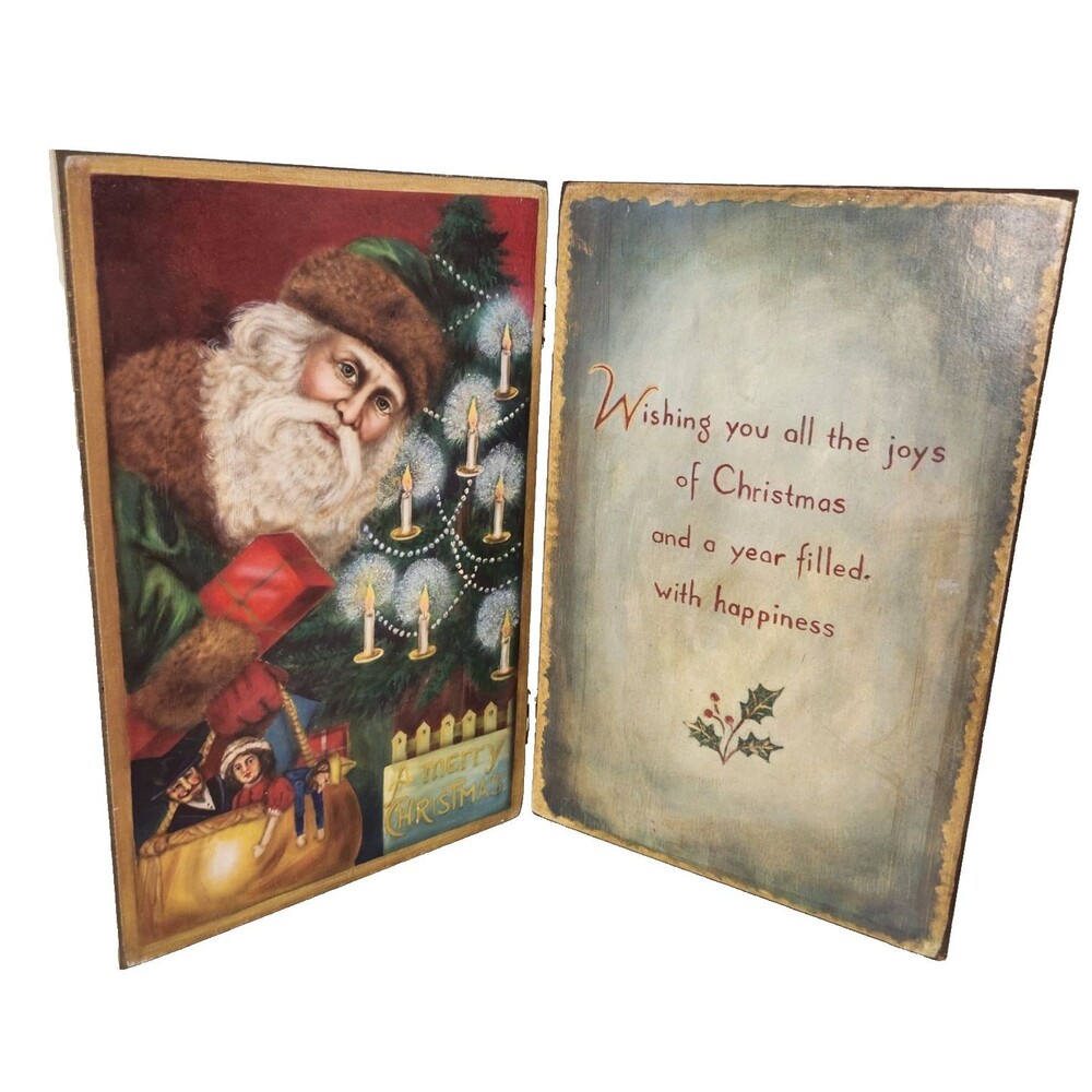 Vintage Father Christmas Folding Holiday Plaque 10 In tall 13 in Wide